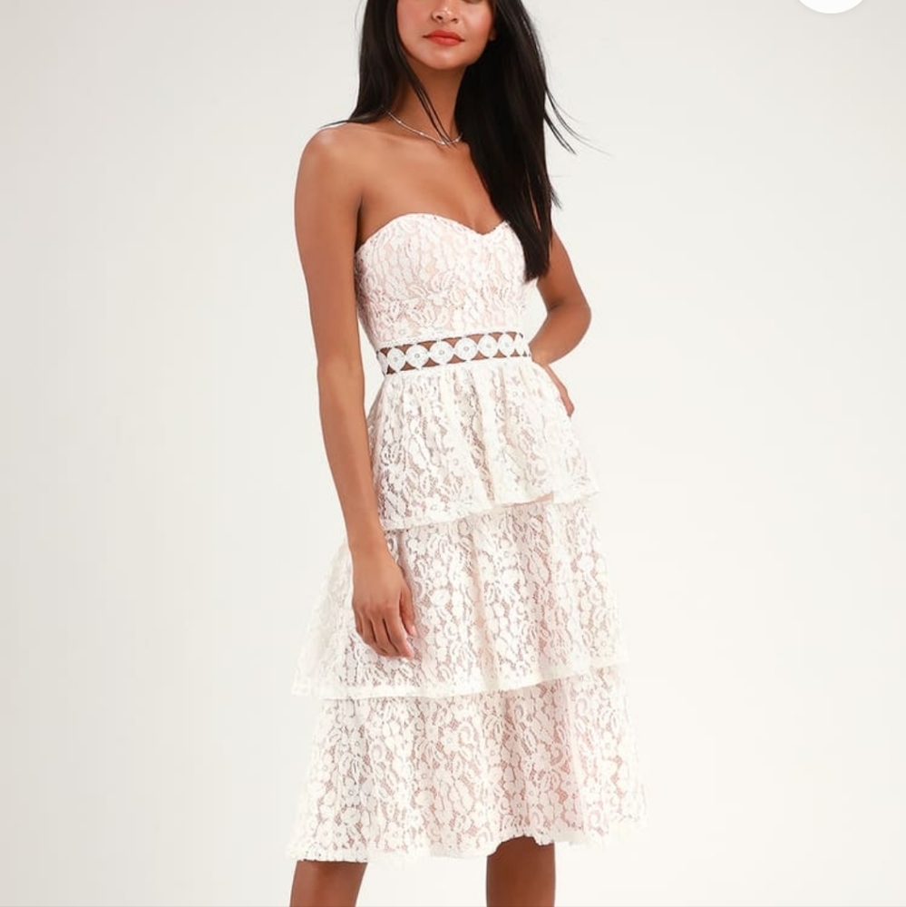 Adorn White Lace Strapless Midi Dress